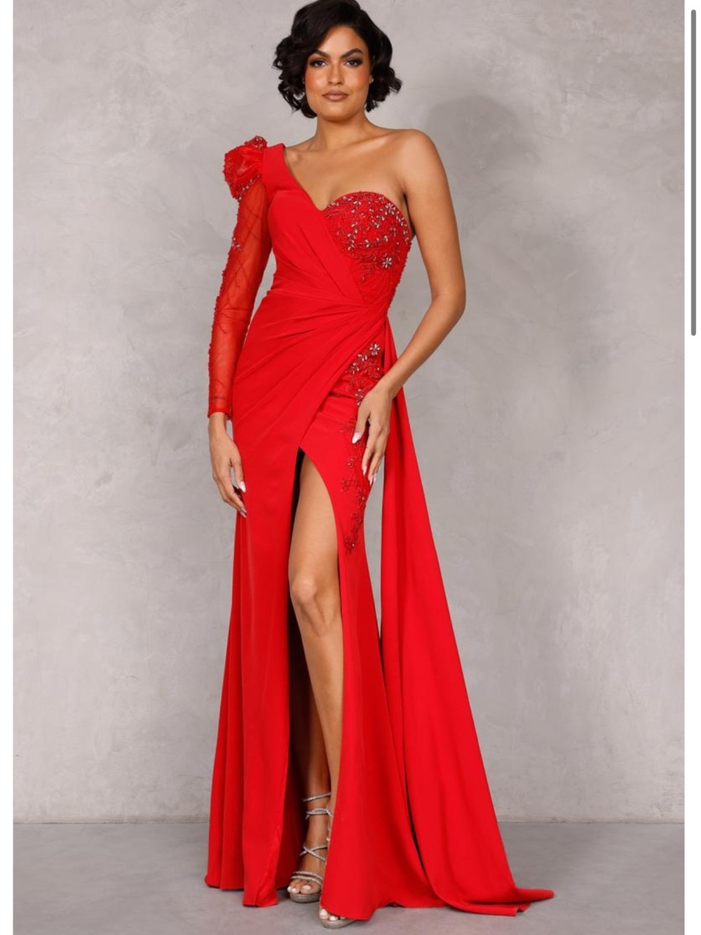 Terani Couture 0161 Red One-Shoulder Embellished Evening Gown